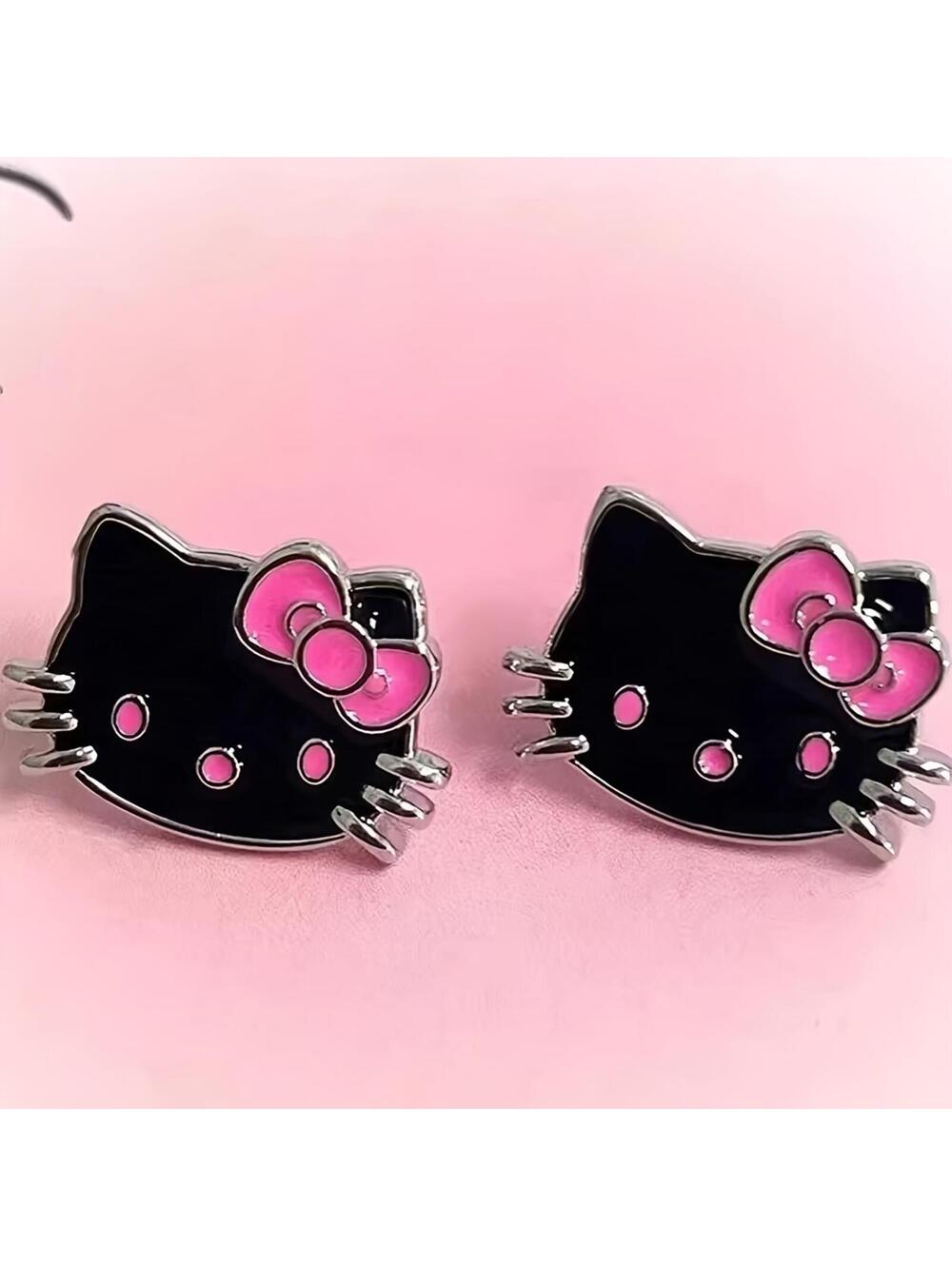 Cute Black Hello Kitty Cat Face Stud Earrings with Pink Bow